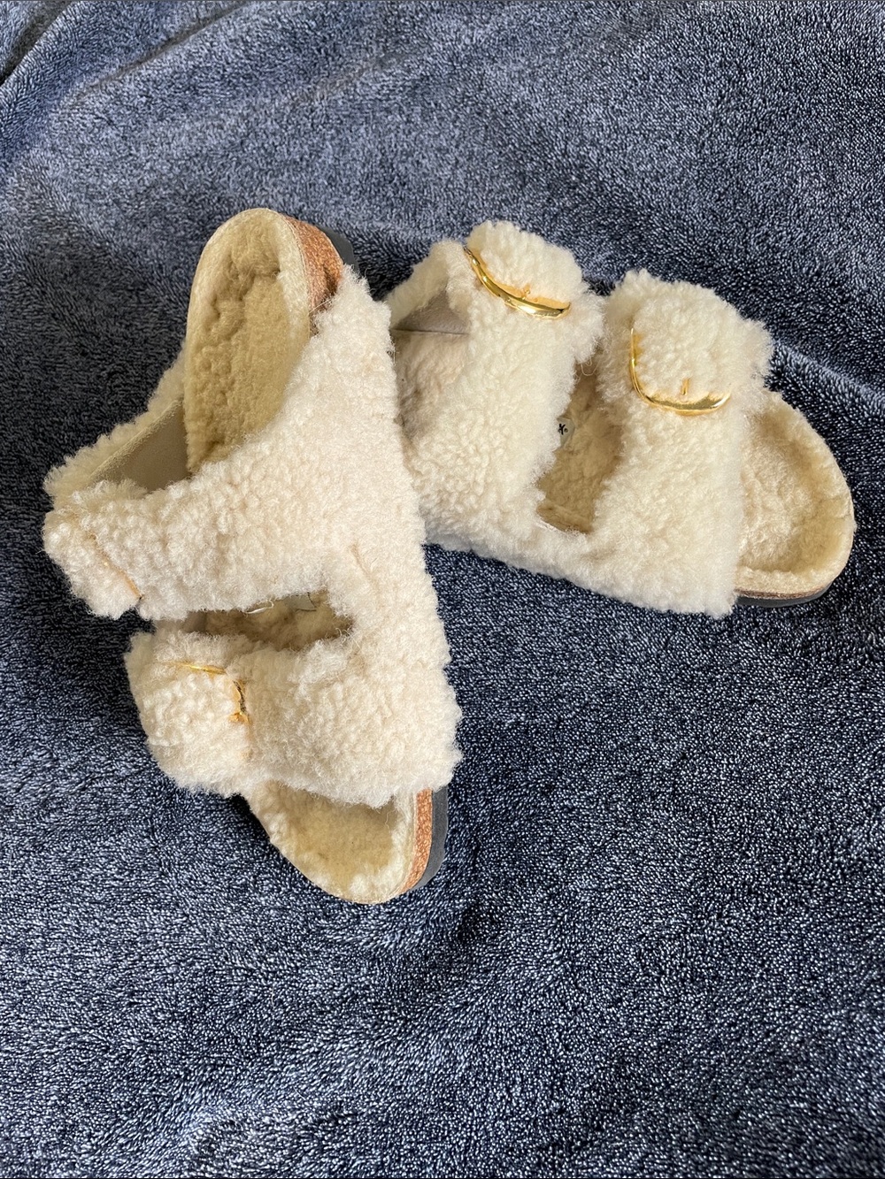 Birkenstock Shearling Arizona Big Buckle Teddy Eggshell Double Strap Slides
